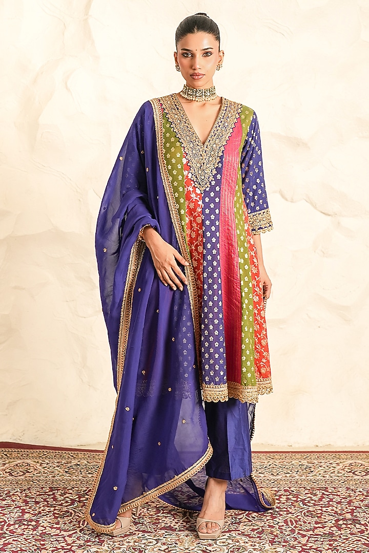 Multi-Coloured Chanderi Embroidered A-Line Kurta Set by Nidhika Shekhar at Pernia's Pop Up Shop