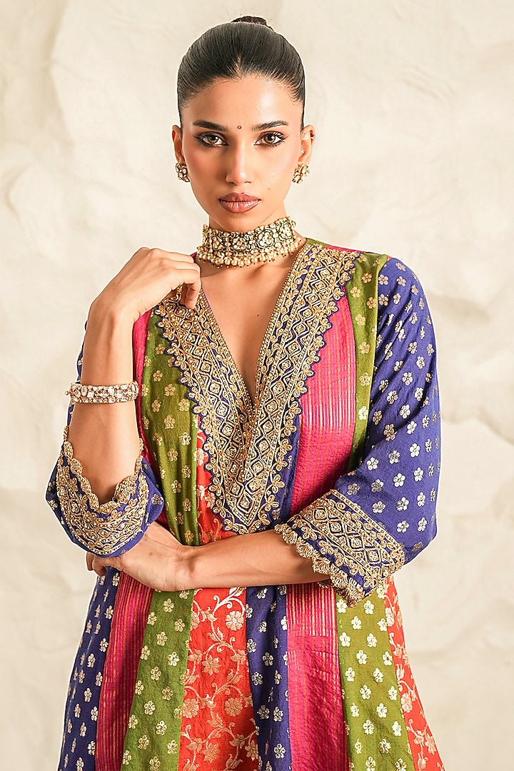 Multi-Coloured Chanderi Embroidered A-Line Kurta Set by Nidhika Shekhar at Pernia's Pop Up Shop