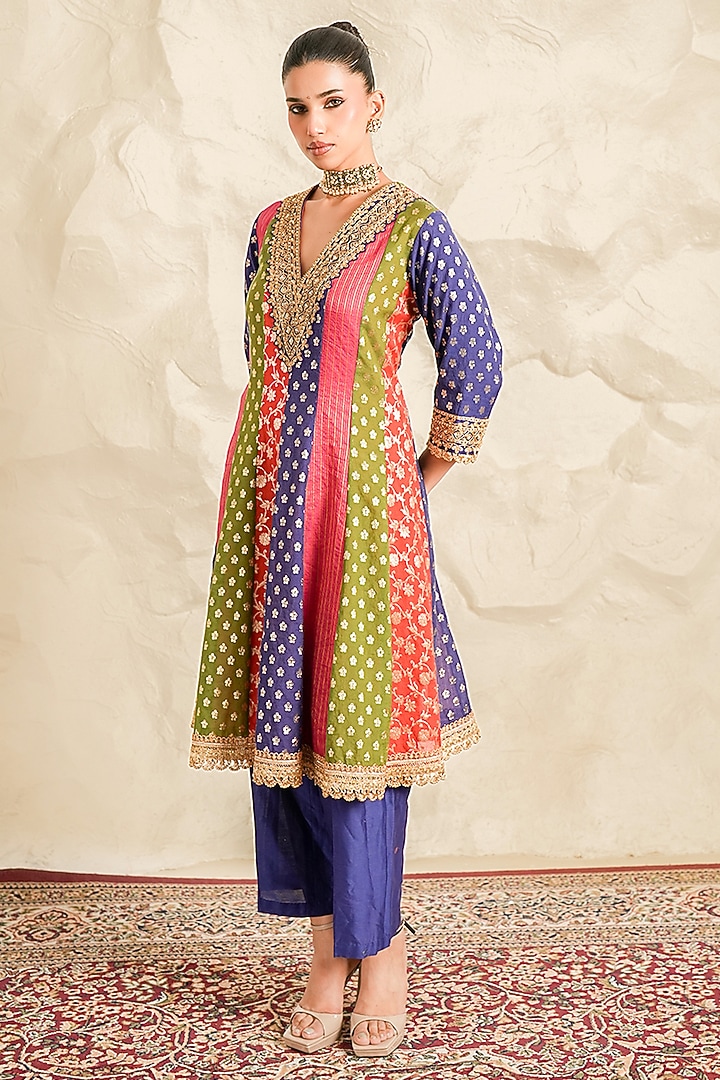 Multi-Coloured Chanderi Embroidered A-Line Kurta Set by Nidhika Shekhar at Pernia's Pop Up Shop