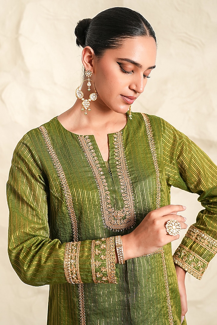 Olive Green Chanderi Zari Embroidered Kurta Set by Nidhika Shekhar at Pernia's Pop Up Shop