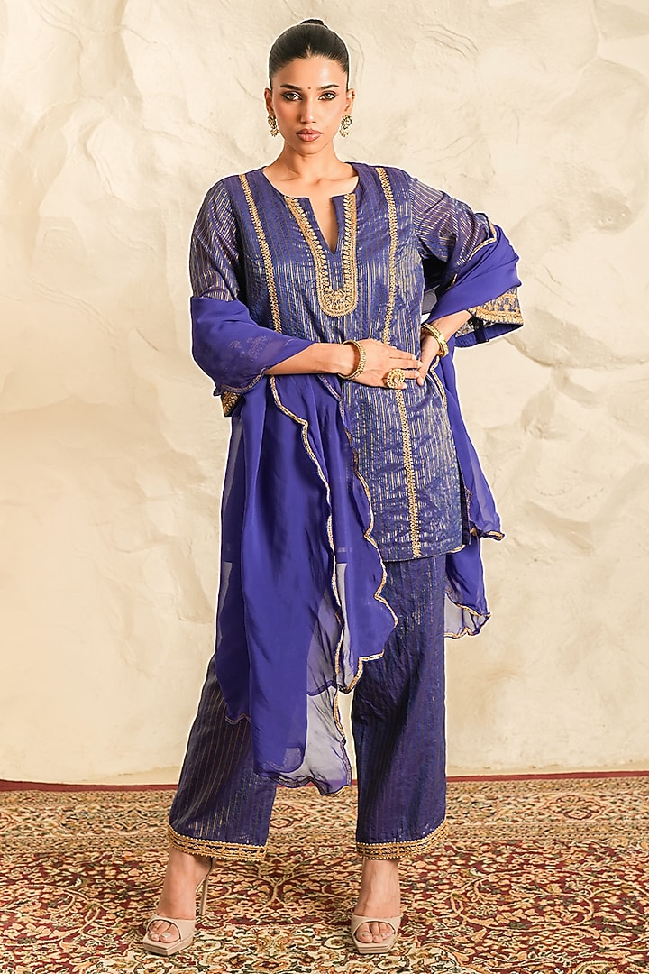 Blue Chanderi Zari Embroidered Kurta Set by Nidhika Shekhar at Pernia's Pop Up Shop
