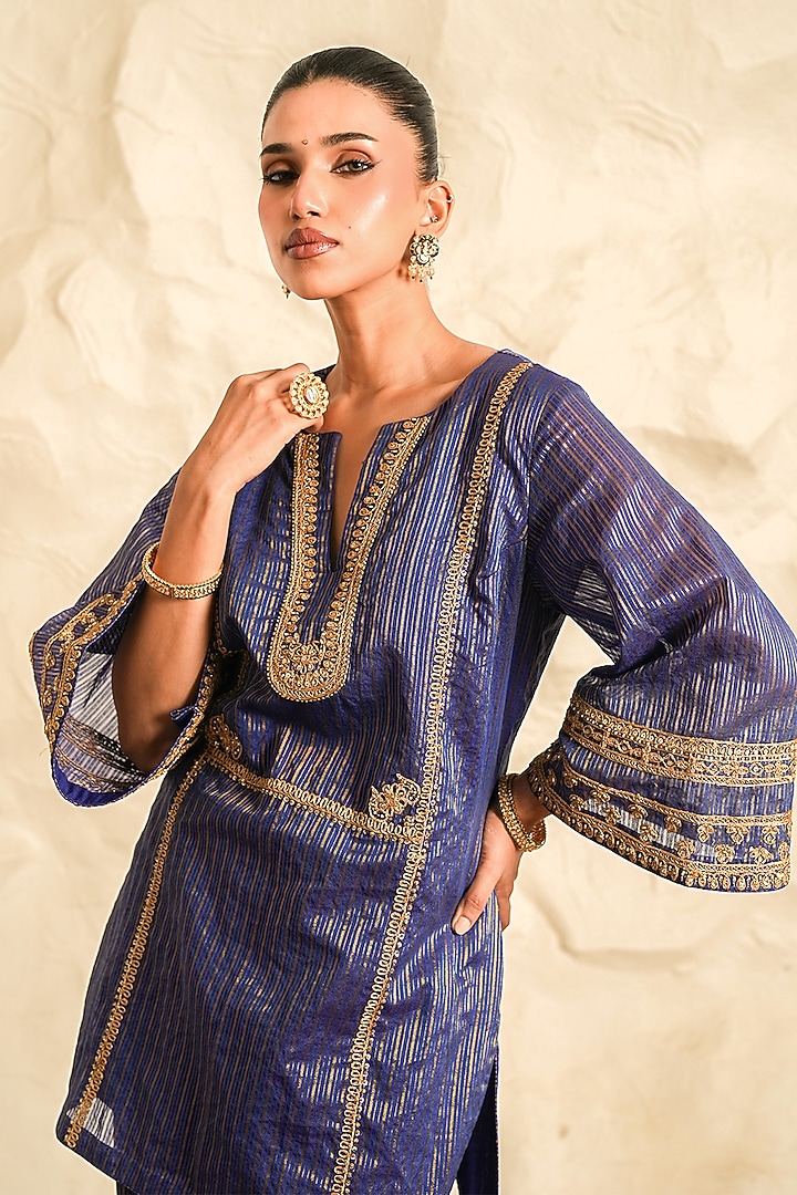 Blue Chanderi Zari Embroidered Kurta Set by Nidhika Shekhar at Pernia's Pop Up Shop