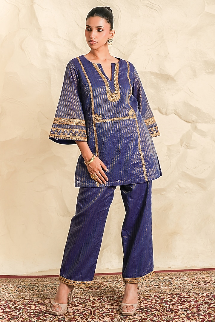 Blue Chanderi Zari Embroidered Kurta Set by Nidhika Shekhar at Pernia's Pop Up Shop