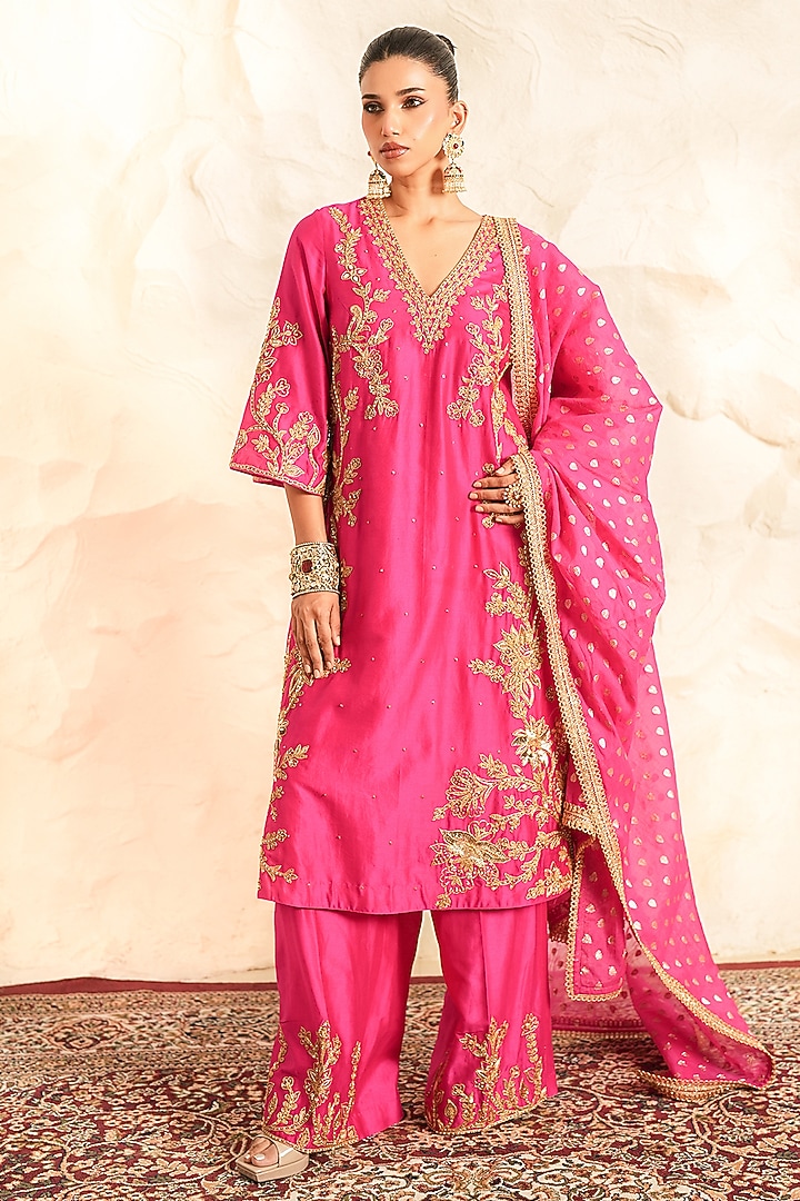 Hot Pink Chanderi Zari Embroidered A-Line Kurta Set by Nidhika Shekhar at Pernia's Pop Up Shop