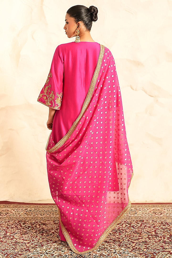Hot Pink Chanderi Zari Embroidered A-Line Kurta Set by Nidhika Shekhar at Pernia's Pop Up Shop