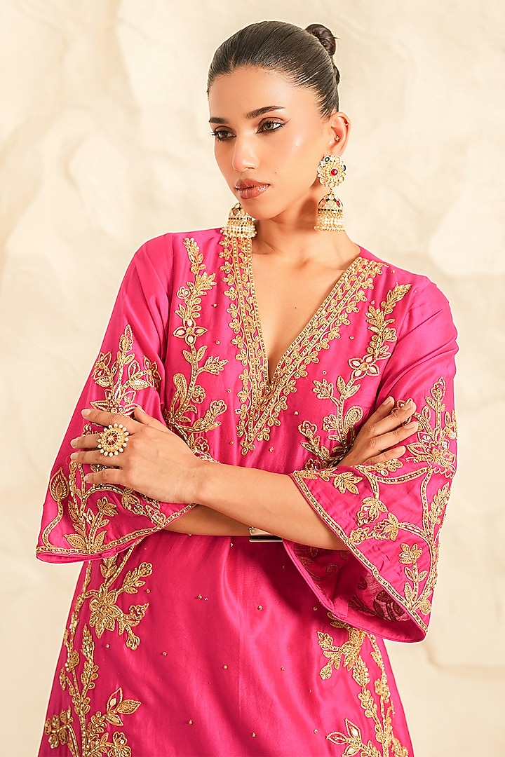 Hot Pink Chanderi Zari Embroidered A-Line Kurta Set by Nidhika Shekhar at Pernia's Pop Up Shop