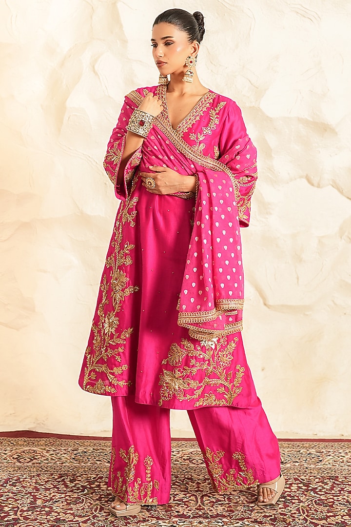 Hot Pink Chanderi Zari Embroidered A-Line Kurta Set by Nidhika Shekhar at Pernia's Pop Up Shop