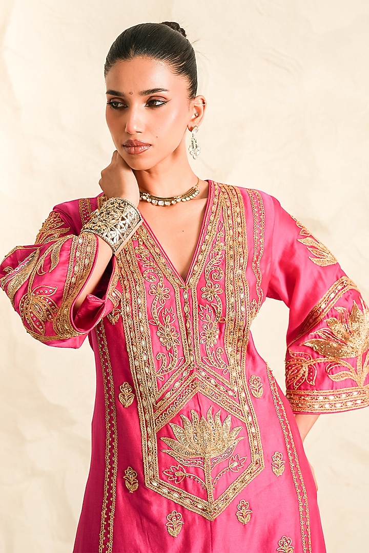 Hot Pink Chanderi Zari Embroidered Kurta Set by Nidhika Shekhar at Pernia's Pop Up Shop