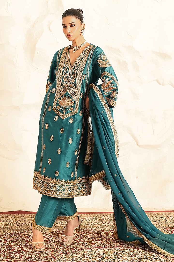 Teal Chanderi Zari Embroidered Kurta Set by Nidhika Shekhar at Pernia's Pop Up Shop