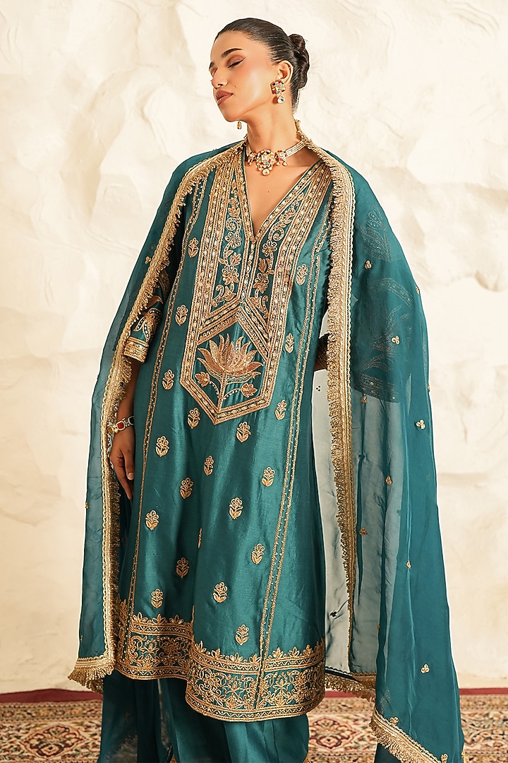 Teal Chanderi Zari Embroidered Kurta Set by Nidhika Shekhar at Pernia's Pop Up Shop