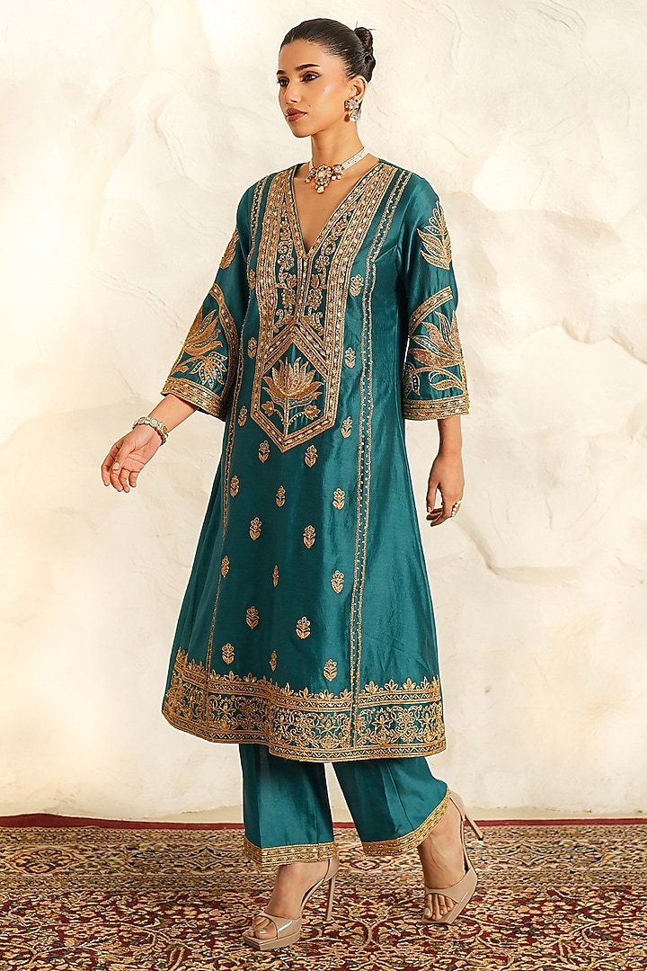 Teal Chanderi Zari Embroidered Kurta Set by Nidhika Shekhar at Pernia's Pop Up Shop