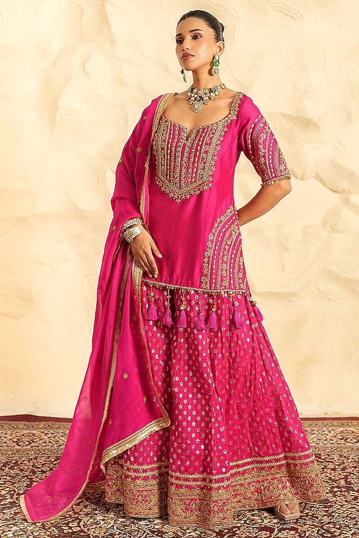Hot Pink Chanderi Zari Embroidered Gharara Set by Nidhika Shekhar at Pernia's Pop Up Shop