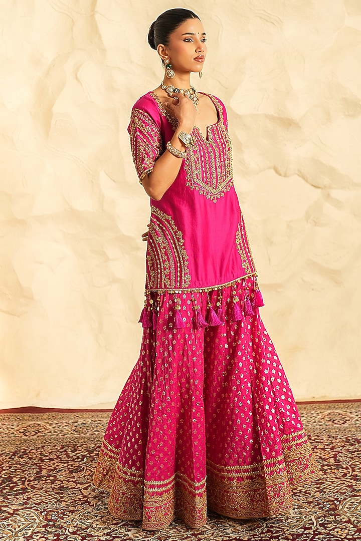 Hot Pink Chanderi Zari Embroidered Gharara Set by Nidhika Shekhar at Pernia's Pop Up Shop