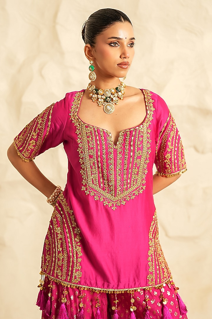 Hot Pink Chanderi Zari Embroidered Gharara Set by Nidhika Shekhar at Pernia's Pop Up Shop