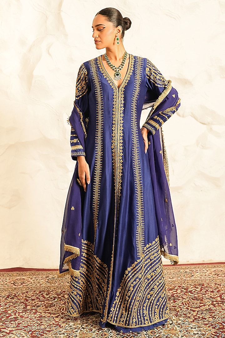 Blue Chanderi Embroidered Wedding Anarkali Set by Nidhika Shekhar at Pernia's Pop Up Shop