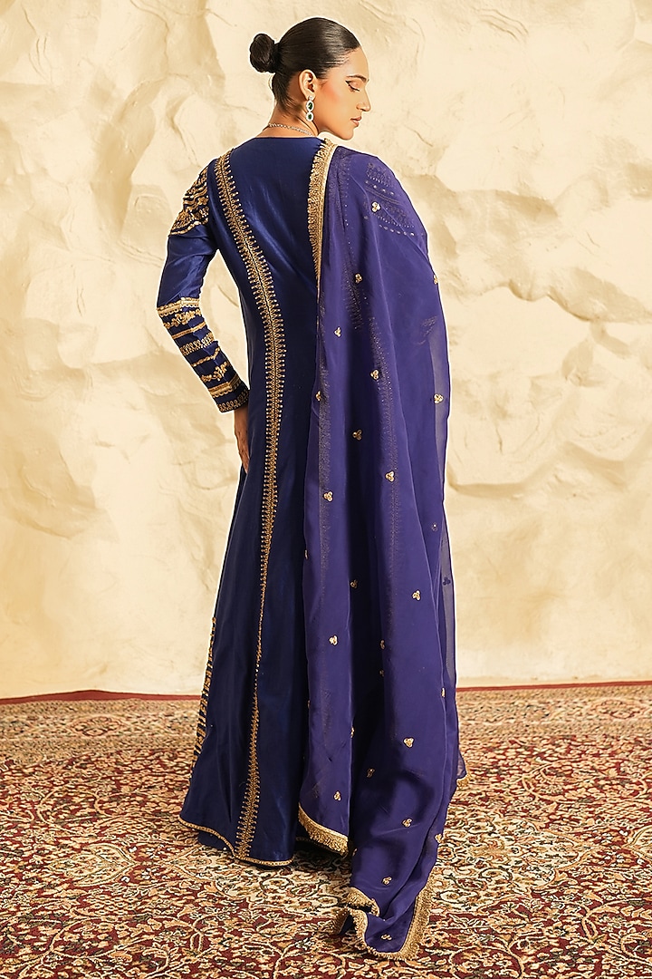 Blue Chanderi Embroidered Wedding Anarkali Set by Nidhika Shekhar at Pernia's Pop Up Shop