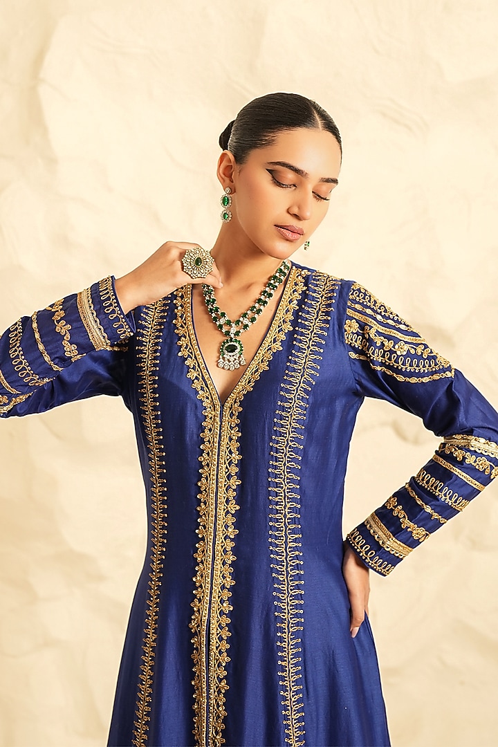 Blue Chanderi Embroidered Wedding Anarkali Set by Nidhika Shekhar at Pernia's Pop Up Shop