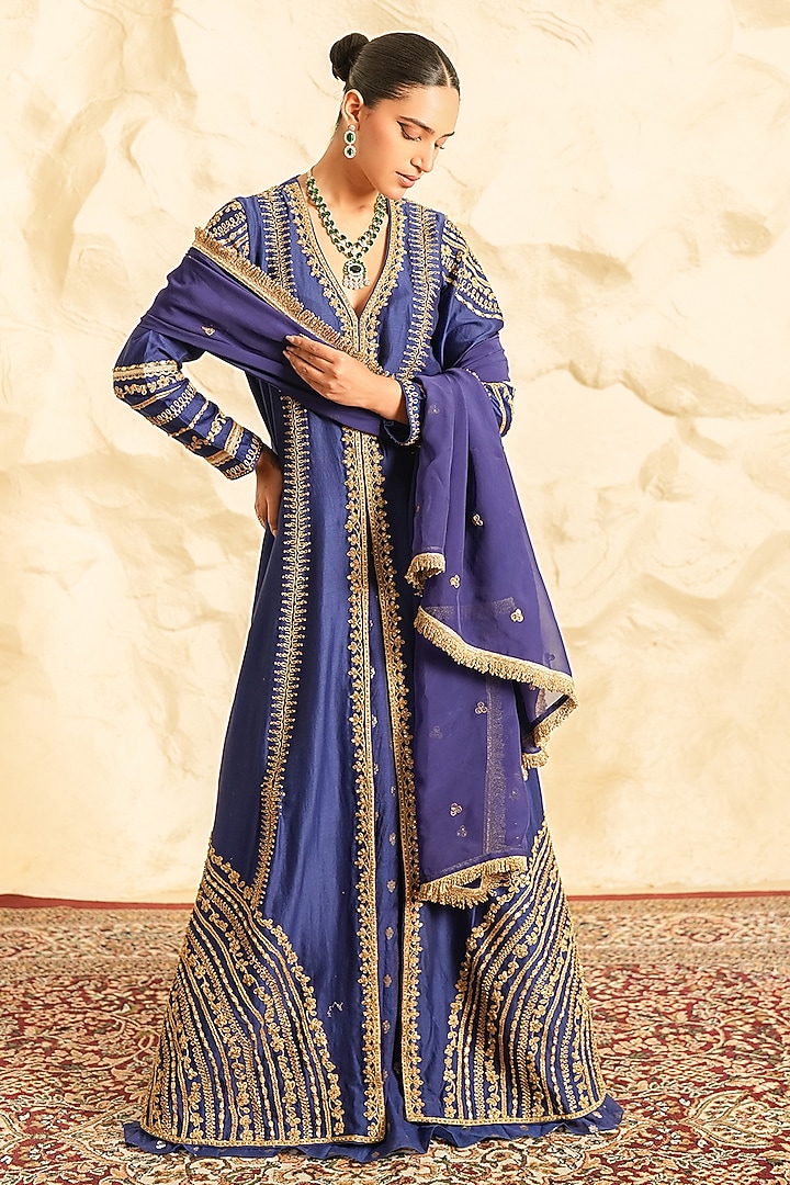 Blue Chanderi Embroidered Wedding Anarkali Set by Nidhika Shekhar at Pernia's Pop Up Shop
