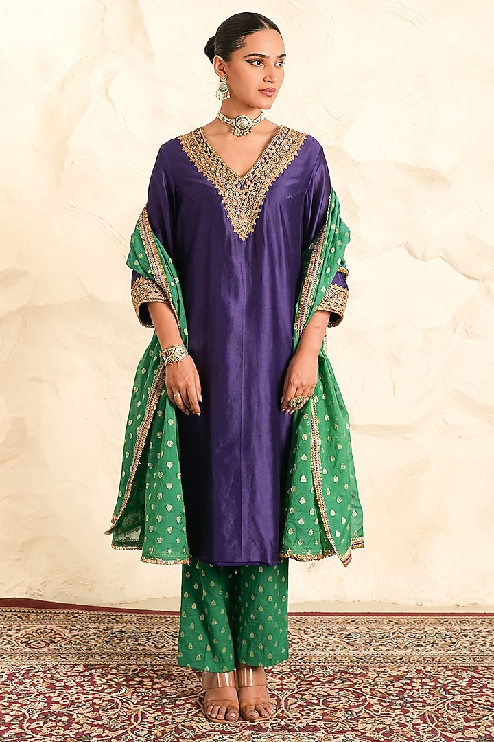 Purple Chanderi Embroidered Kurta Set by Nidhika Shekhar at Pernia's Pop Up Shop