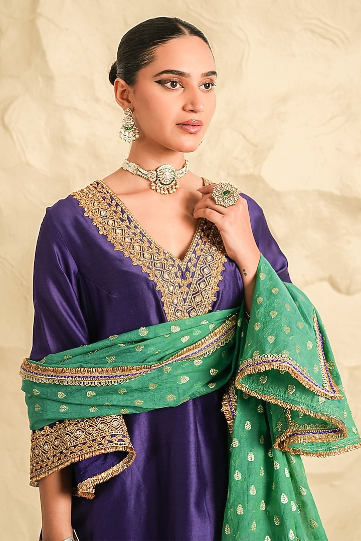 Purple Chanderi Embroidered Kurta Set by Nidhika Shekhar at Pernia's Pop Up Shop