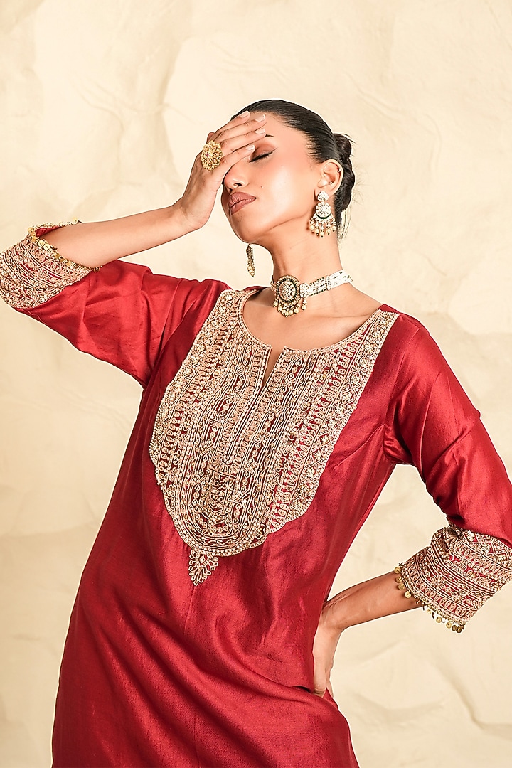Red Chanderi Embroidered Kurta Set by Nidhika Shekhar at Pernia's Pop Up Shop