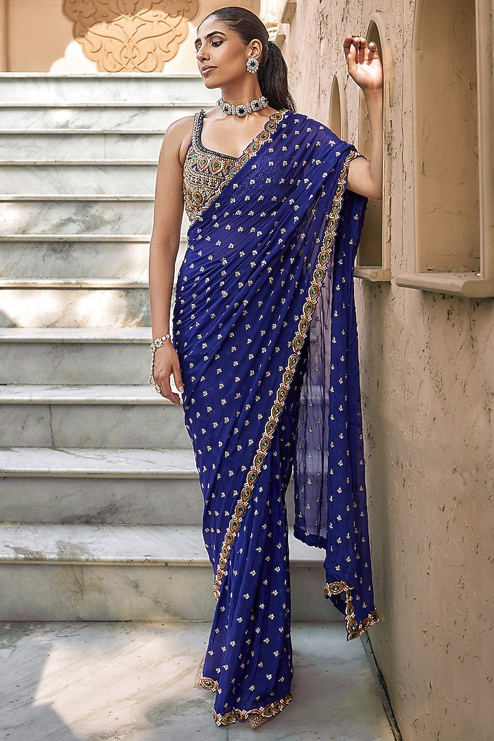 Purple Chiffon Embroidered Wedding Saree Set by Nidhika Shekhar at Pernia's Pop Up Shop