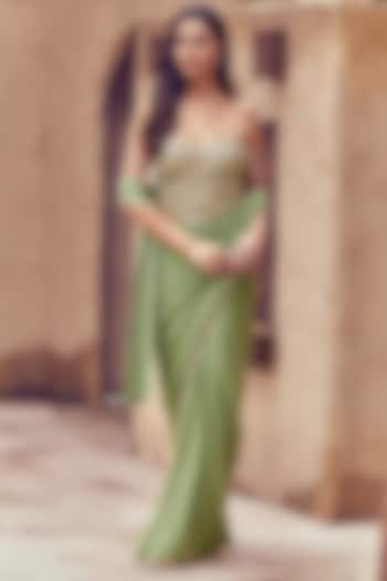 Pista Green Georgette Draped Wedding Saree Set by Nidhika Shekhar at Pernia's Pop Up Shop