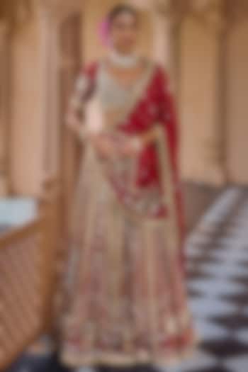 Red Crepe Sequins Embroidered Bridal Bridal Lehenga Set by Nidhika Shekhar at Pernia's Pop Up Shop