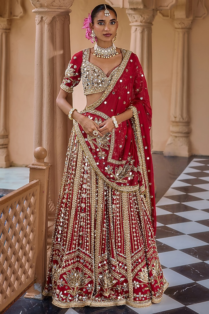 Red Crepe Sequins Embroidered Bridal Bridal Lehenga Set by Nidhika Shekhar at Pernia's Pop Up Shop