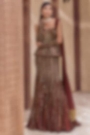 Coffee Brown Crepe Sequins Work Mermaid Bridal Lehenga Set by Nidhika Shekhar at Pernia's Pop Up Shop