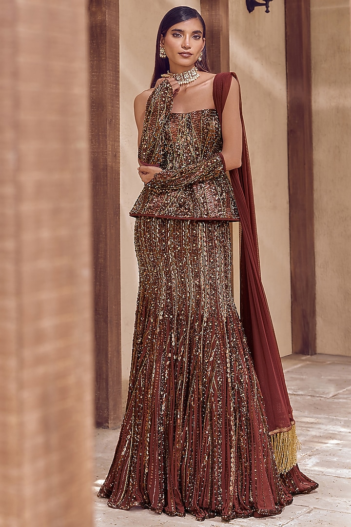 Coffee Brown Crepe Sequins Work Mermaid Bridal Lehenga Set by Nidhika Shekhar at Pernia's Pop Up Shop