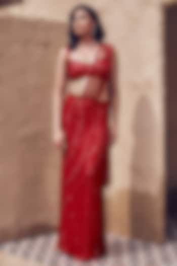 Red Georgette Pre-Draped Mermaid Skirt Set by Nidhika Shekhar at Pernia's Pop Up Shop