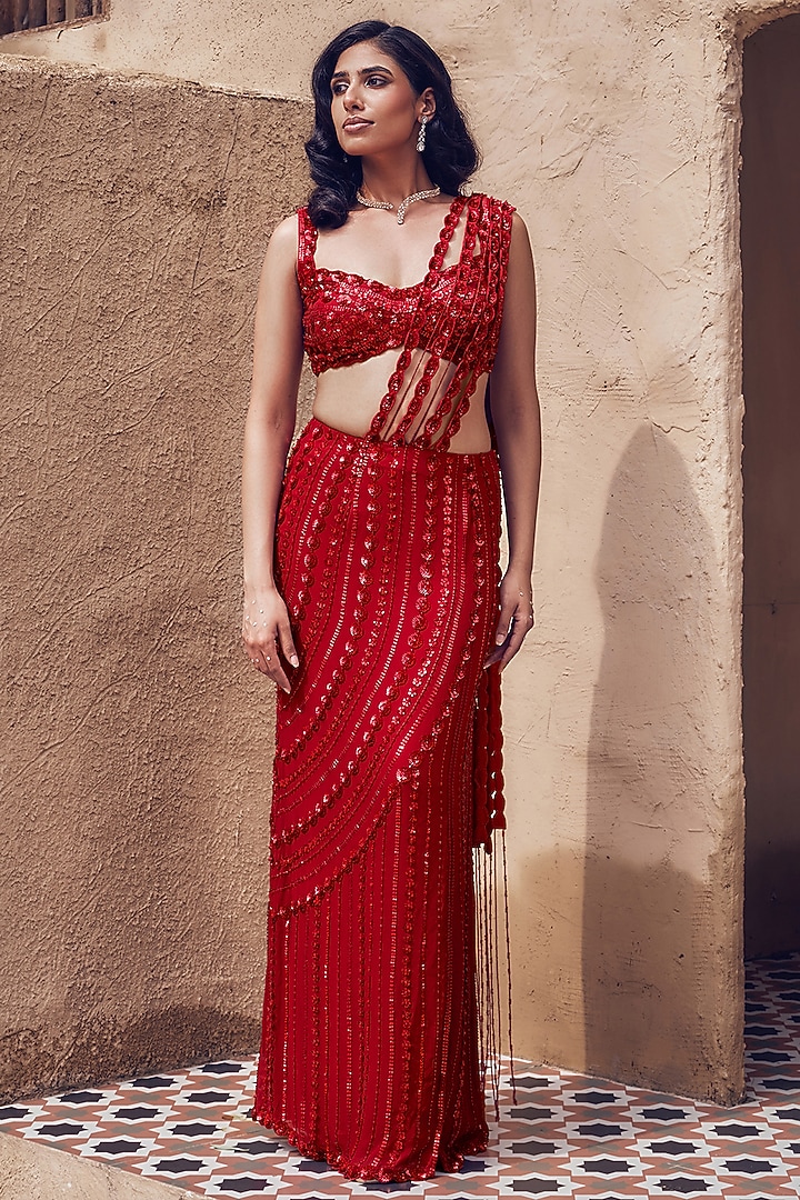 Red Georgette Pre-Draped Mermaid Skirt Set by Nidhika Shekhar at Pernia's Pop Up Shop