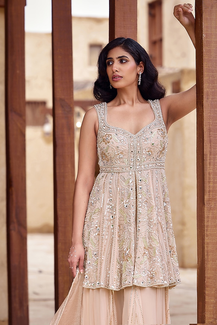 Baby Pink Georgette Bridal Sharara Set by Nidhika Shekhar at Pernia's Pop Up Shop
