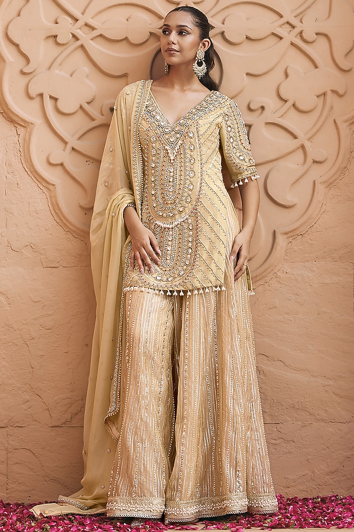 Champagne Gold Tissue Bridal Sharara Set by Nidhika Shekhar at Pernia's Pop Up Shop