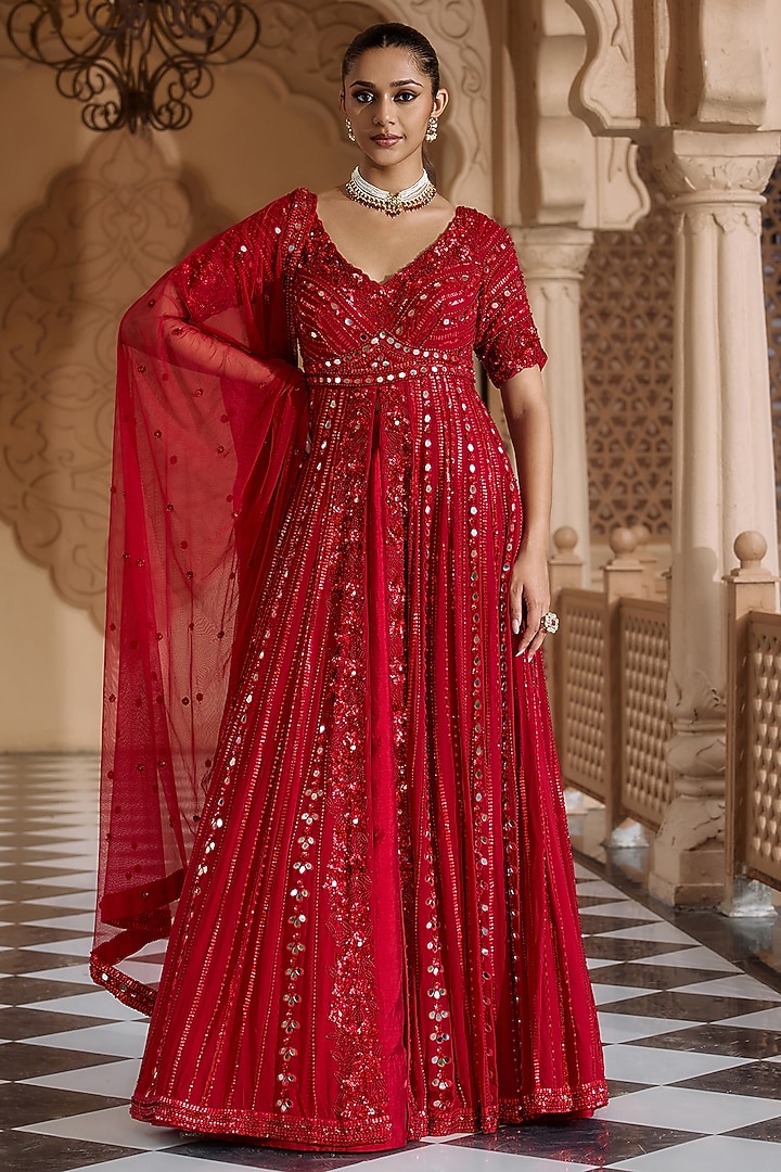 Ruby Red Georgette Bridal Anarkali Set by Nidhika Shekhar at Pernia's Pop Up Shop