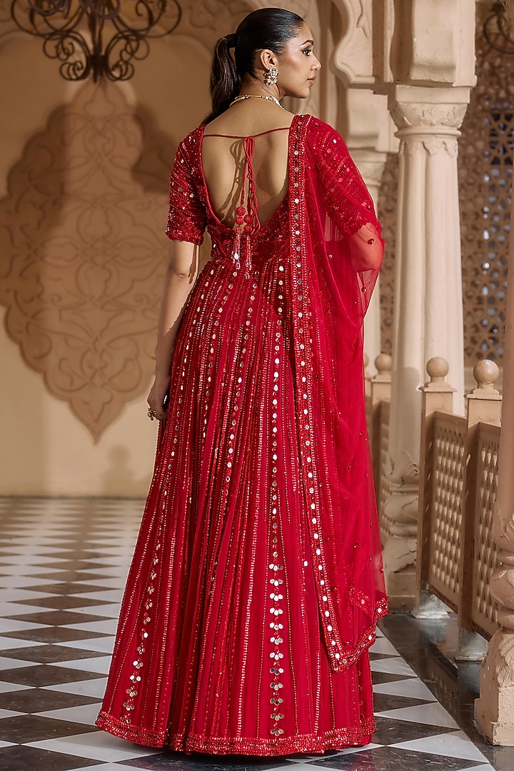 Ruby Red Georgette Bridal Anarkali Set by Nidhika Shekhar at Pernia's Pop Up Shop