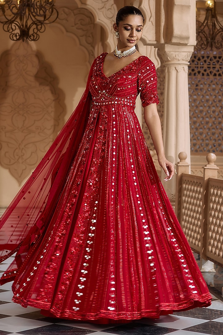 Ruby Red Georgette Bridal Anarkali Set by Nidhika Shekhar at Pernia's Pop Up Shop