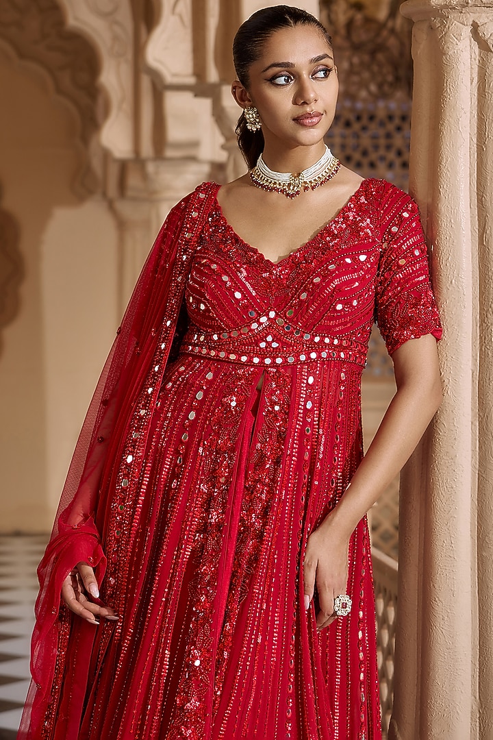Ruby Red Georgette Bridal Anarkali Set by Nidhika Shekhar at Pernia's Pop Up Shop
