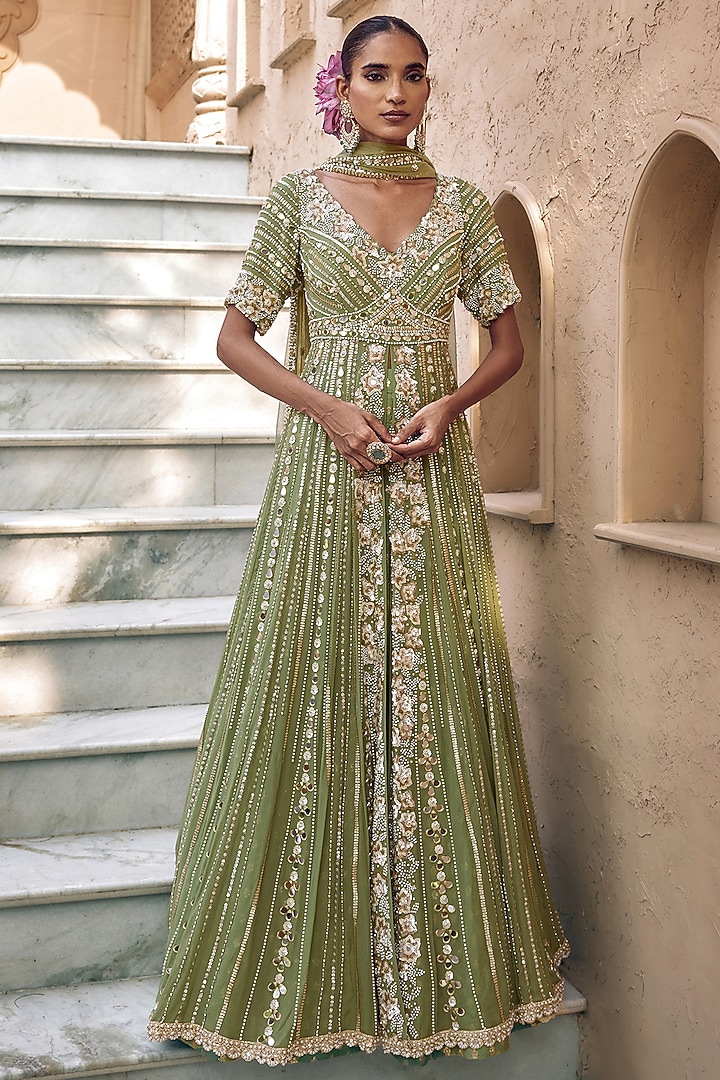 Pista Green Georgette Bridal Anarkali Set by Nidhika Shekhar at Pernia's Pop Up Shop