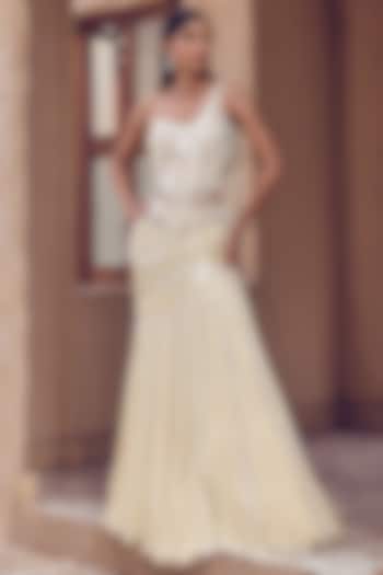 Golden Georgette Mermaid Bridal Lehenga Set by Nidhika Shekhar at Pernia's Pop Up Shop