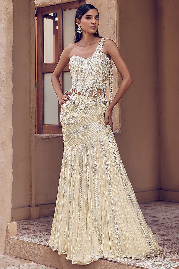 Golden Georgette Mermaid Bridal Lehenga Set by Nidhika Shekhar at Pernia's Pop Up Shop