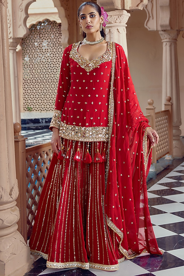 Red Crepe Bridal Sharara Set by Nidhika Shekhar at Pernia's Pop Up Shop