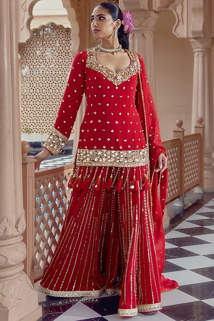 Red Crepe Bridal Sharara Set by Nidhika Shekhar at Pernia's Pop Up Shop