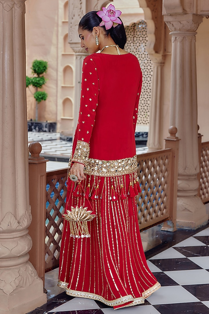 Red Crepe Bridal Sharara Set by Nidhika Shekhar at Pernia's Pop Up Shop