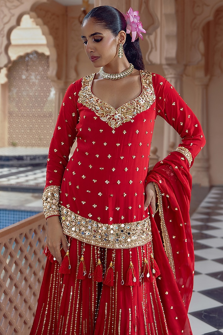 Red Crepe Bridal Sharara Set by Nidhika Shekhar at Pernia's Pop Up Shop