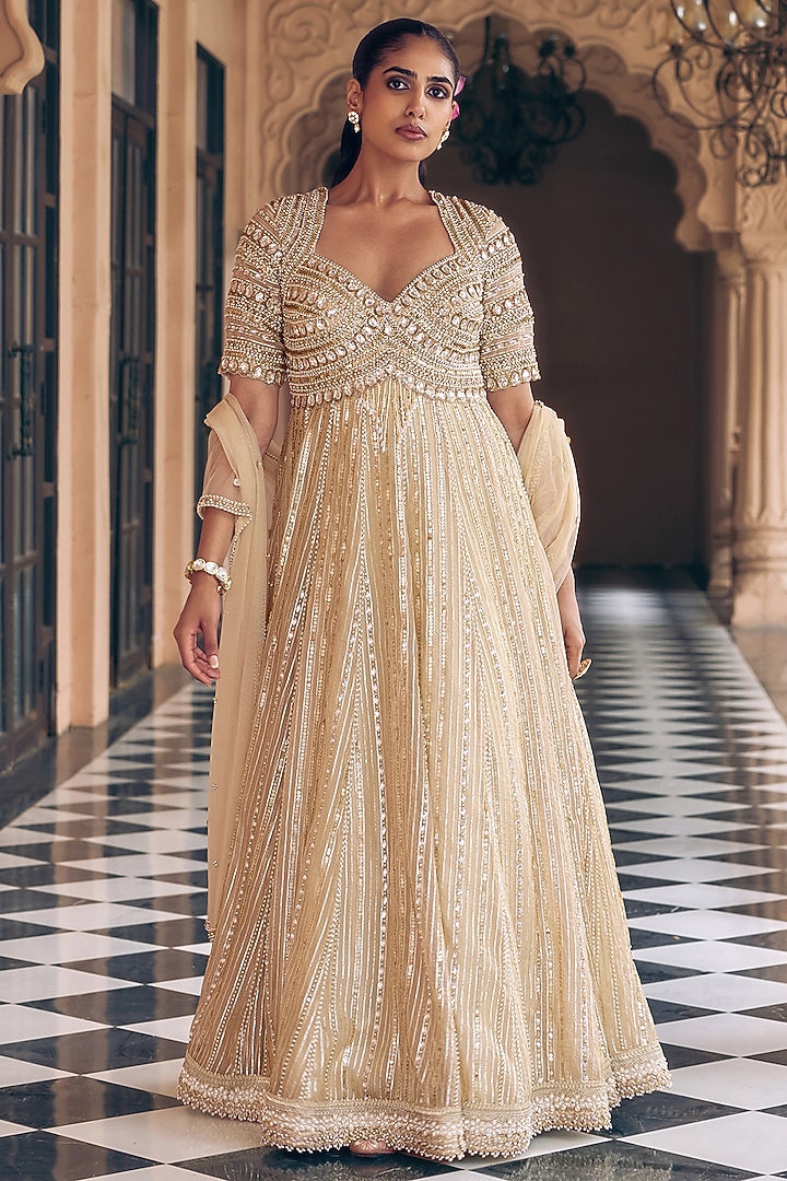 Champagne Gold Tissue Sequins Work Bridal Anarkali Set by Nidhika Shekhar at Pernia's Pop Up Shop