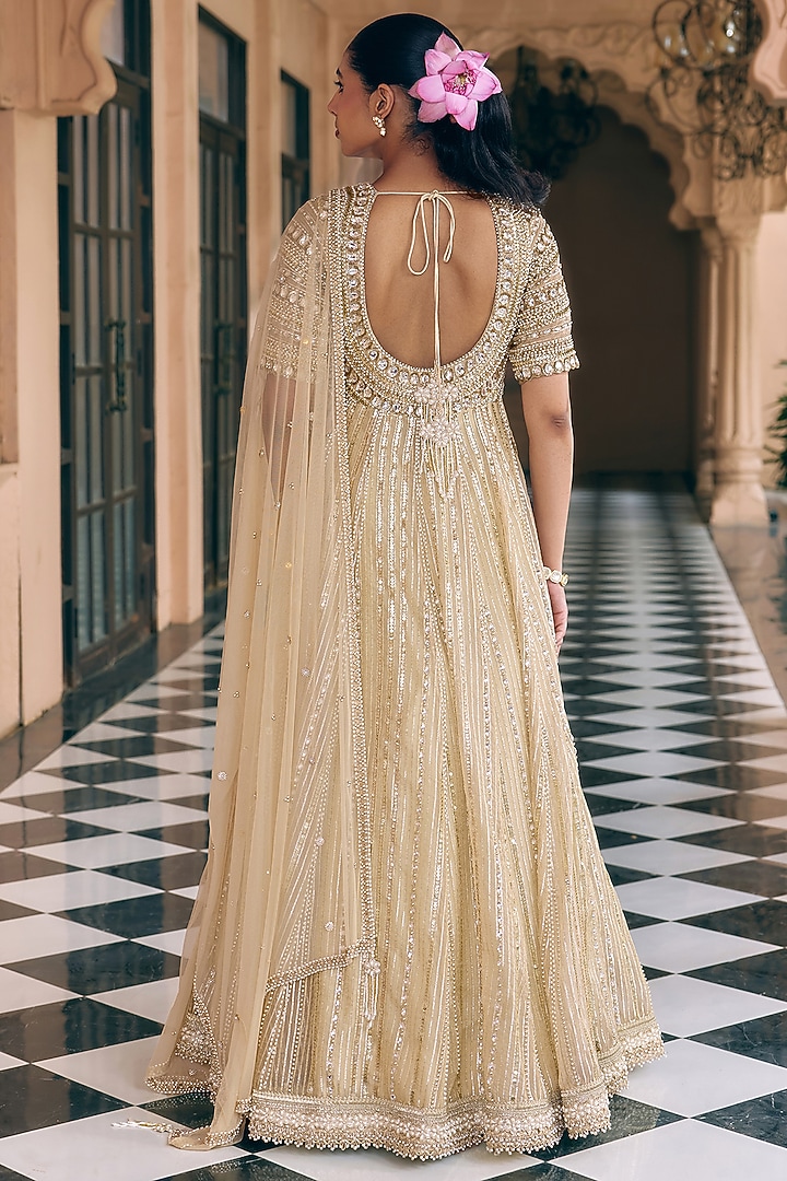 Champagne Gold Tissue Sequins Work Bridal Anarkali Set by Nidhika Shekhar at Pernia's Pop Up Shop