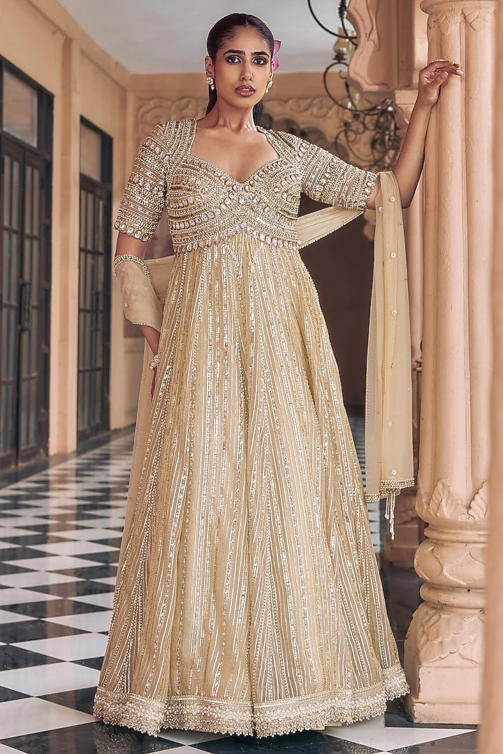 Champagne Gold Tissue Sequins Work Bridal Anarkali Set by Nidhika Shekhar at Pernia's Pop Up Shop