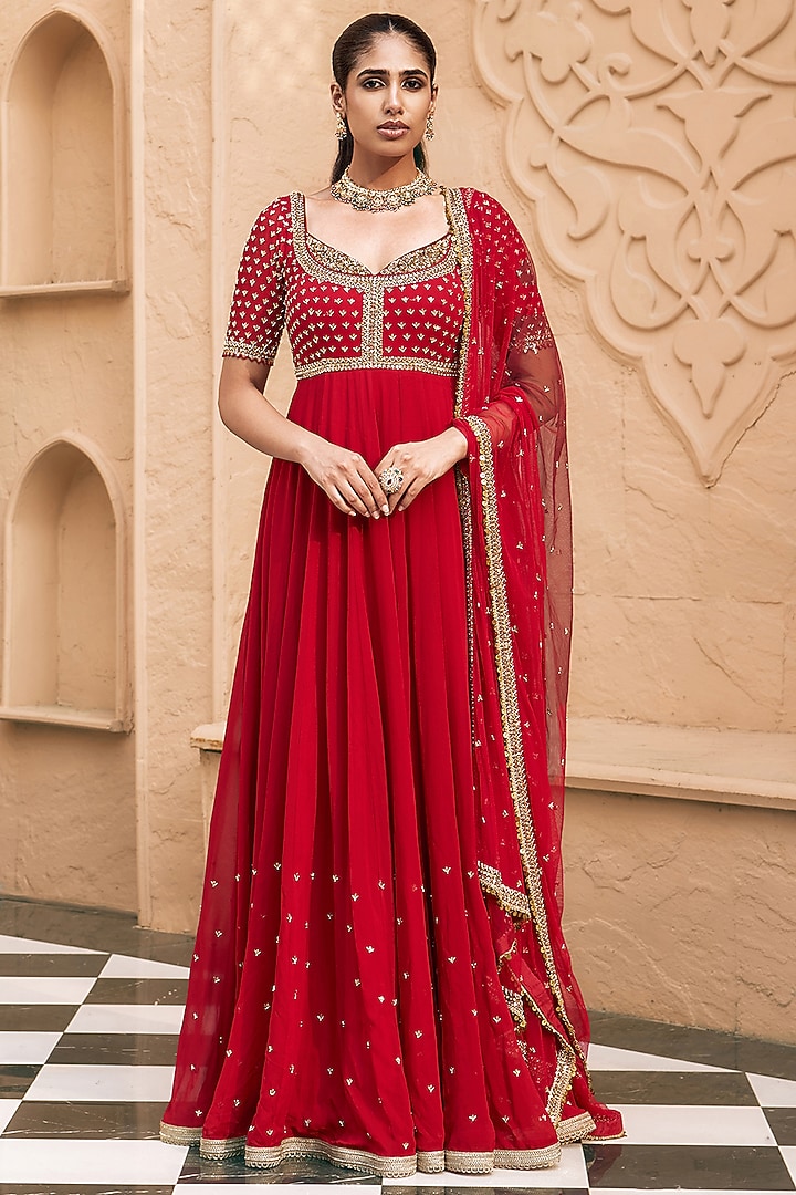 Ruby Red Georgette Mirror Work Wedding Anarkali Set by Nidhika Shekhar at Pernia's Pop Up Shop